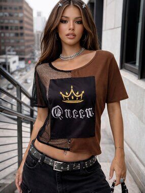 Y2K Queen Graphic Mesh Top Fishnet Grunge Goth Streetwear sz M Festival Urban